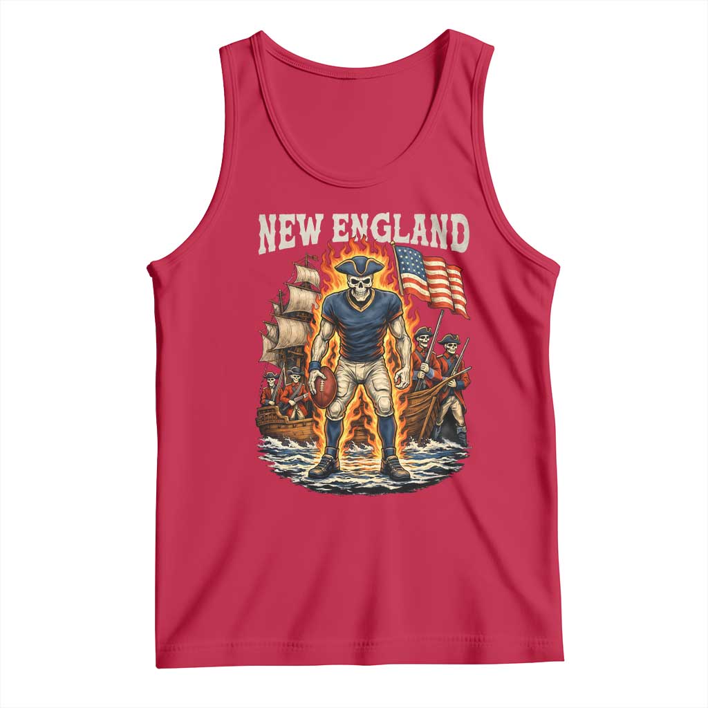 New England Fiery Skeleton Game Day Graphic Tank Top Patriotic Revolutionary Sports Fan