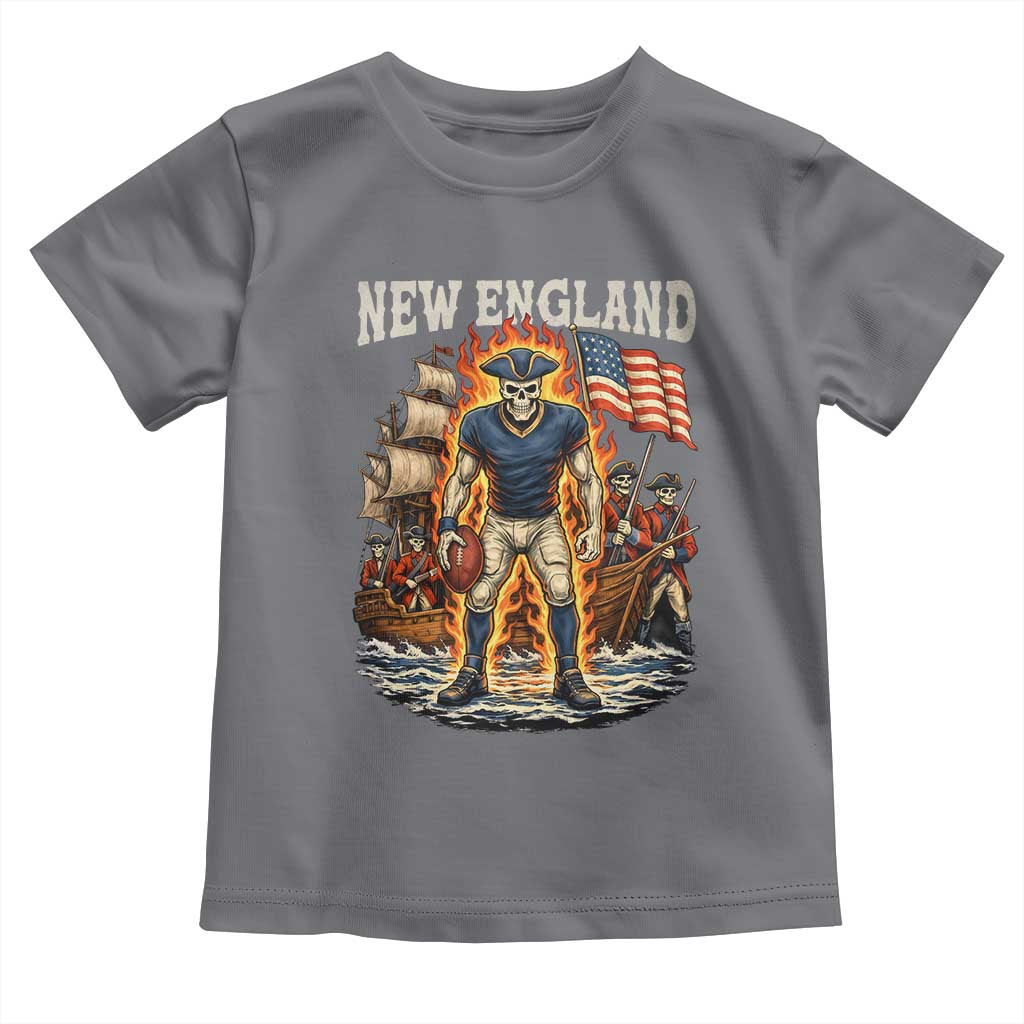New England Fiery Skeleton Game Day Graphic Toddler T Shirt Patriotic Revolutionary Sports Fan