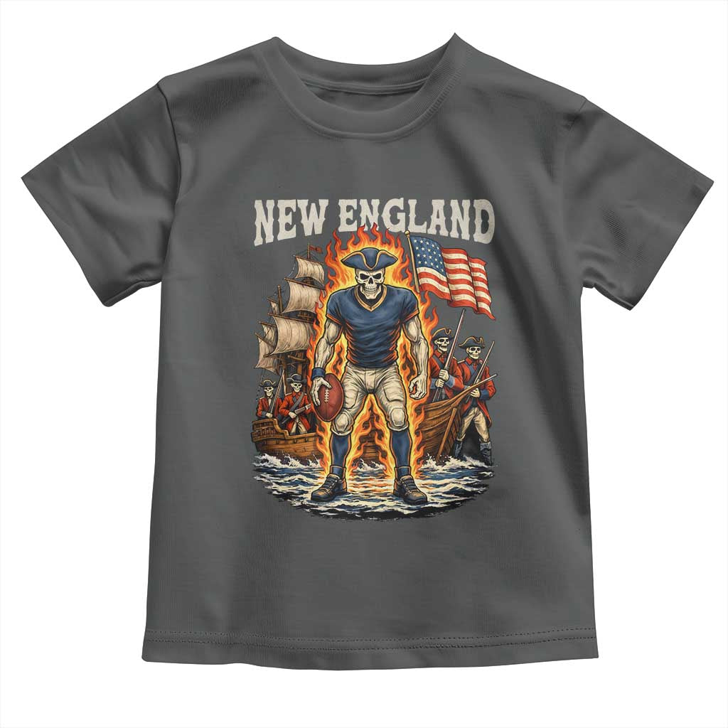 New England Fiery Skeleton Game Day Graphic Toddler T Shirt Patriotic Revolutionary Sports Fan