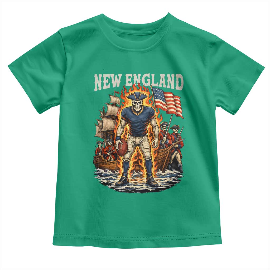 New England Fiery Skeleton Game Day Graphic Toddler T Shirt Patriotic Revolutionary Sports Fan