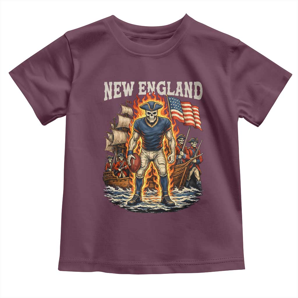 New England Fiery Skeleton Game Day Graphic Toddler T Shirt Patriotic Revolutionary Sports Fan