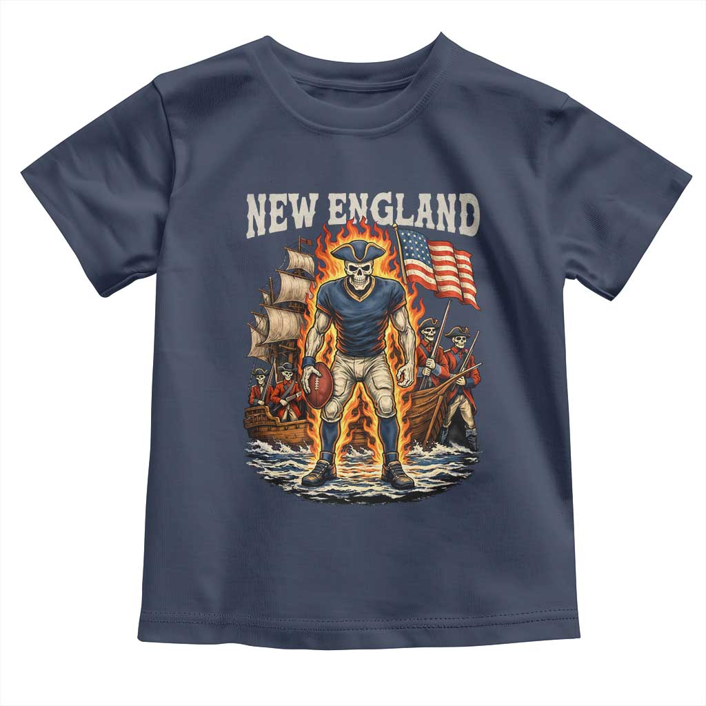New England Fiery Skeleton Game Day Graphic Toddler T Shirt Patriotic Revolutionary Sports Fan