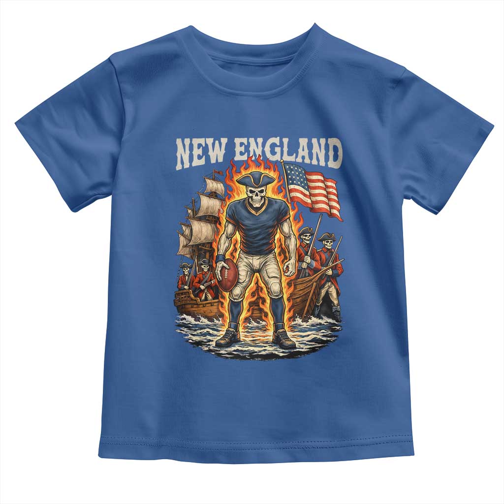 New England Fiery Skeleton Game Day Graphic Toddler T Shirt Patriotic Revolutionary Sports Fan