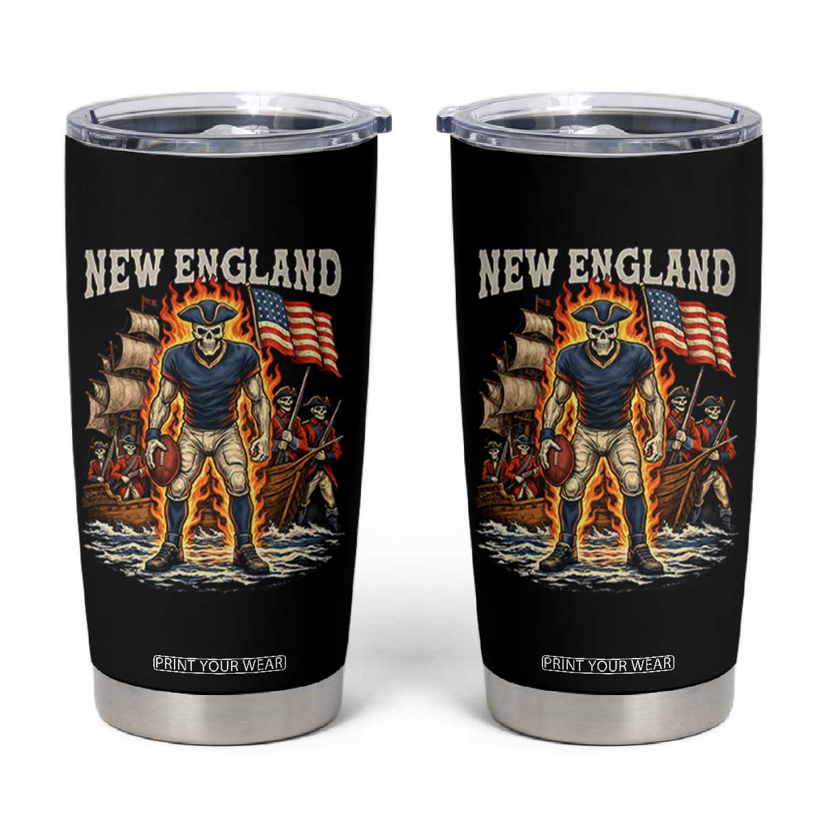 New England Fiery Skeleton Game Day Graphic Tumbler Cup Patriotic Revolutionary Sports Fan