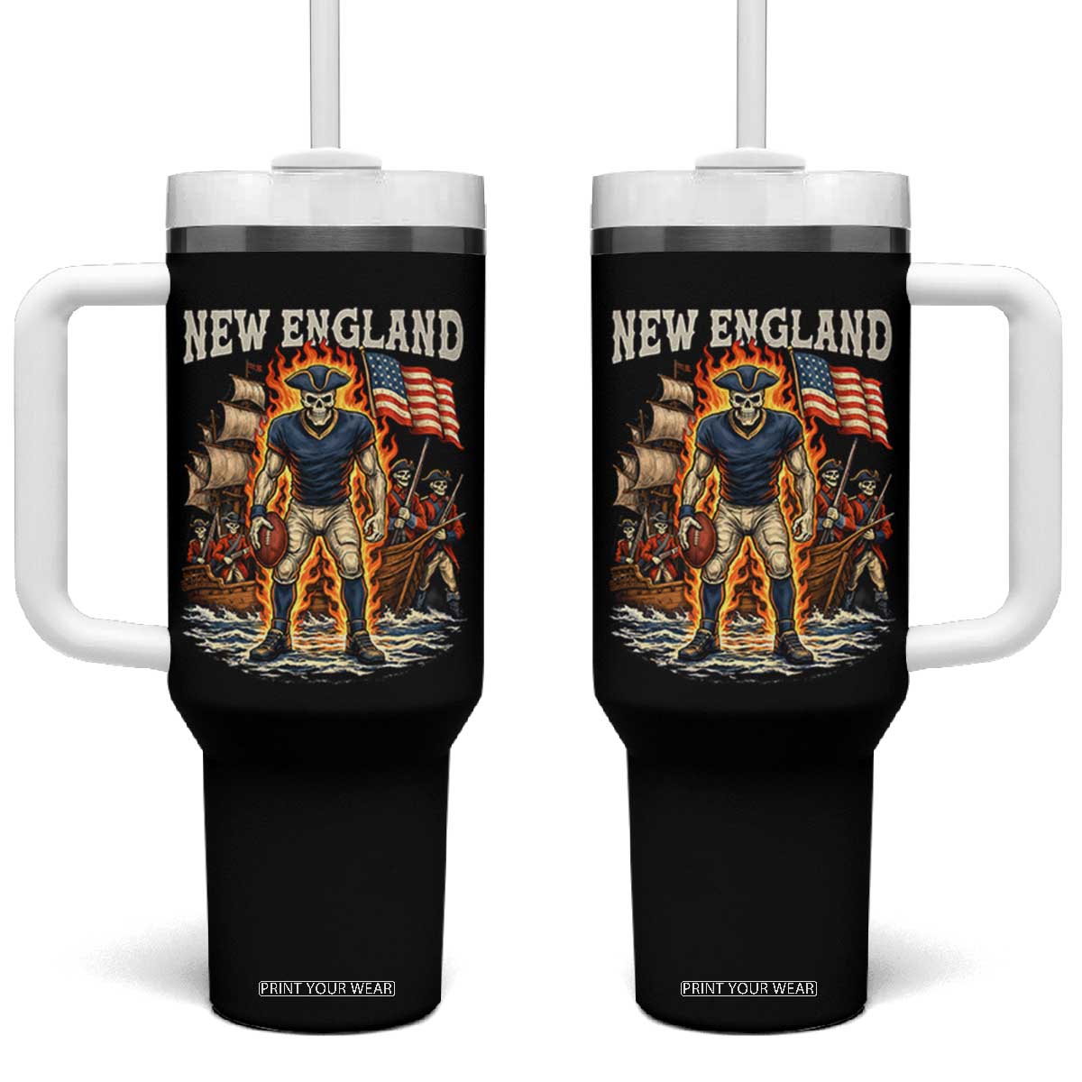 New England Fiery Skeleton Game Day Graphic Tumbler With Handle Patriotic Revolutionary Sports Fan TS02 One Size: 40 oz Black Print Your Wear