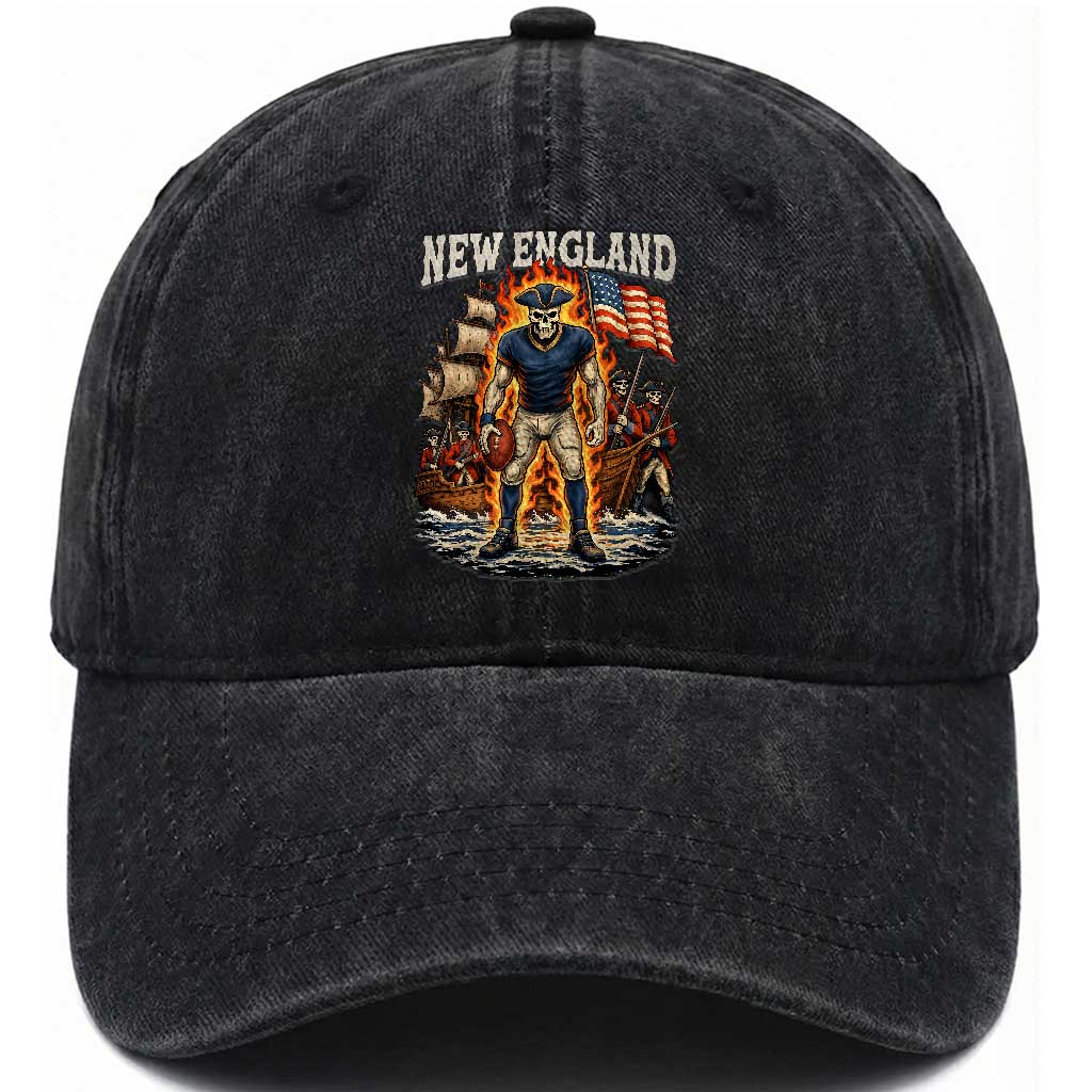 New England Fiery Skeleton Game Day Graphic Washed Cotton Baseball Cap Patriotic Revolutionary Sports Fan TS02 Print Your Wear