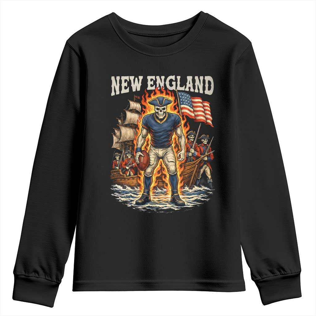 New England Fiery Skeleton Game Day Graphic Youth Sweatshirt Patriotic Revolutionary Sports Fan TS02 Black Print Your Wear