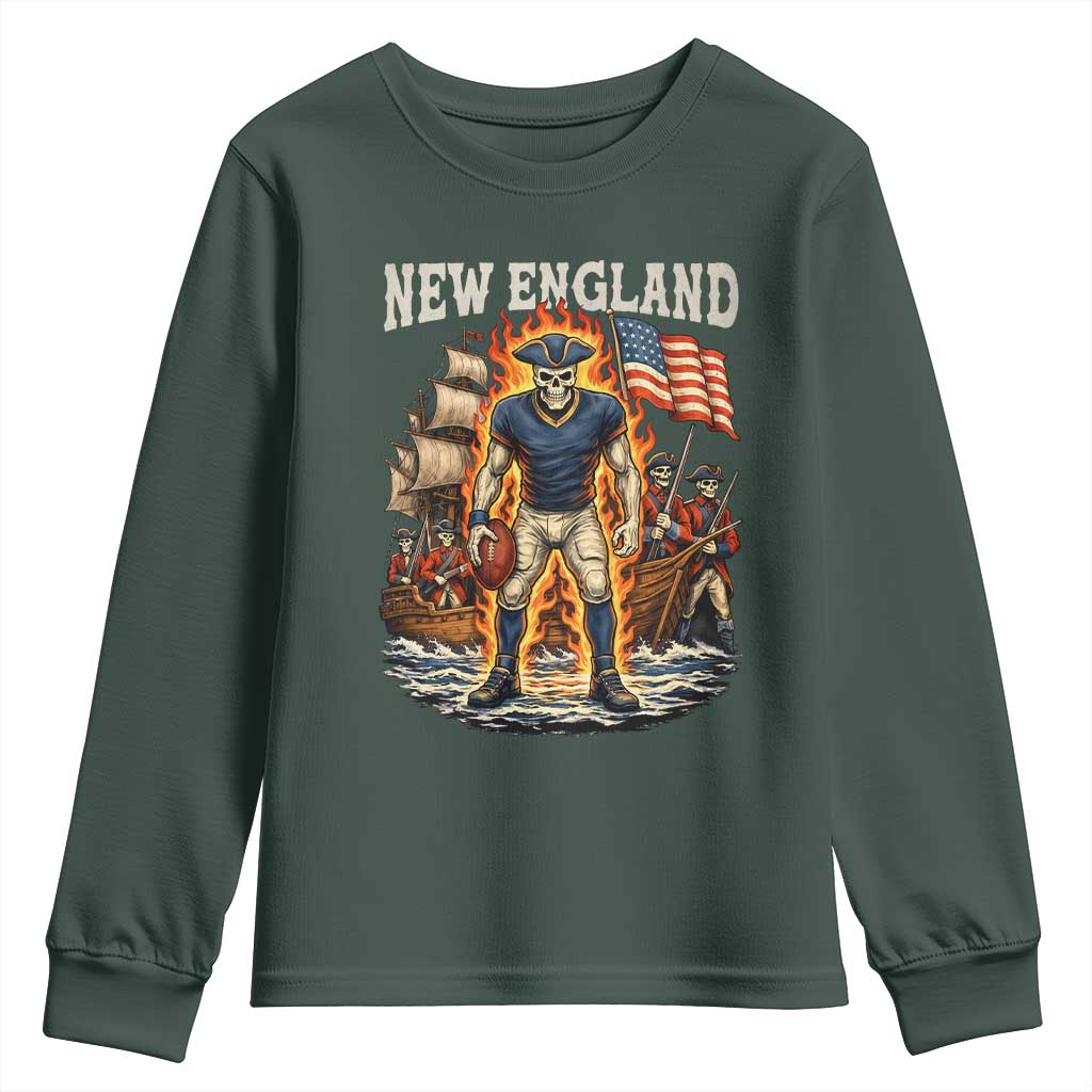 New England Fiery Skeleton Game Day Graphic Youth Sweatshirt Patriotic Revolutionary Sports Fan
