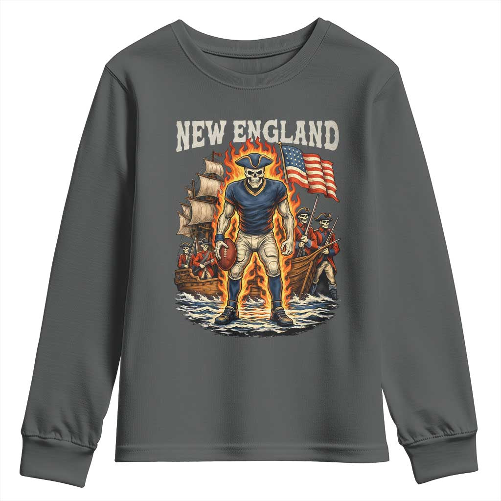 New England Fiery Skeleton Game Day Graphic Youth Sweatshirt Patriotic Revolutionary Sports Fan