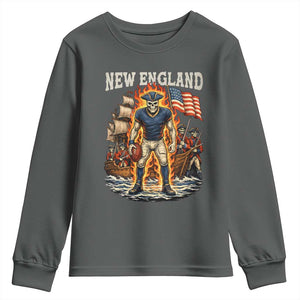 New England Fiery Skeleton Game Day Graphic Youth Sweatshirt Patriotic Revolutionary Sports Fan