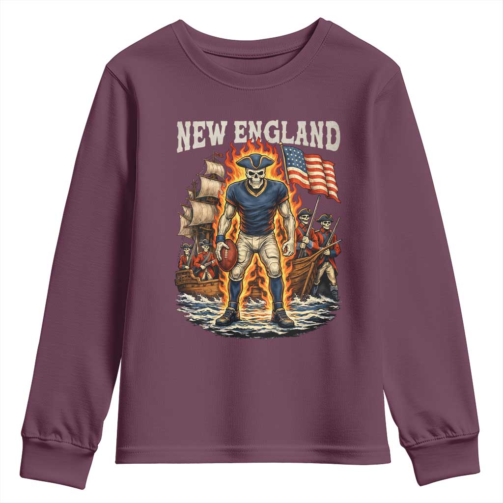 New England Fiery Skeleton Game Day Graphic Youth Sweatshirt Patriotic Revolutionary Sports Fan