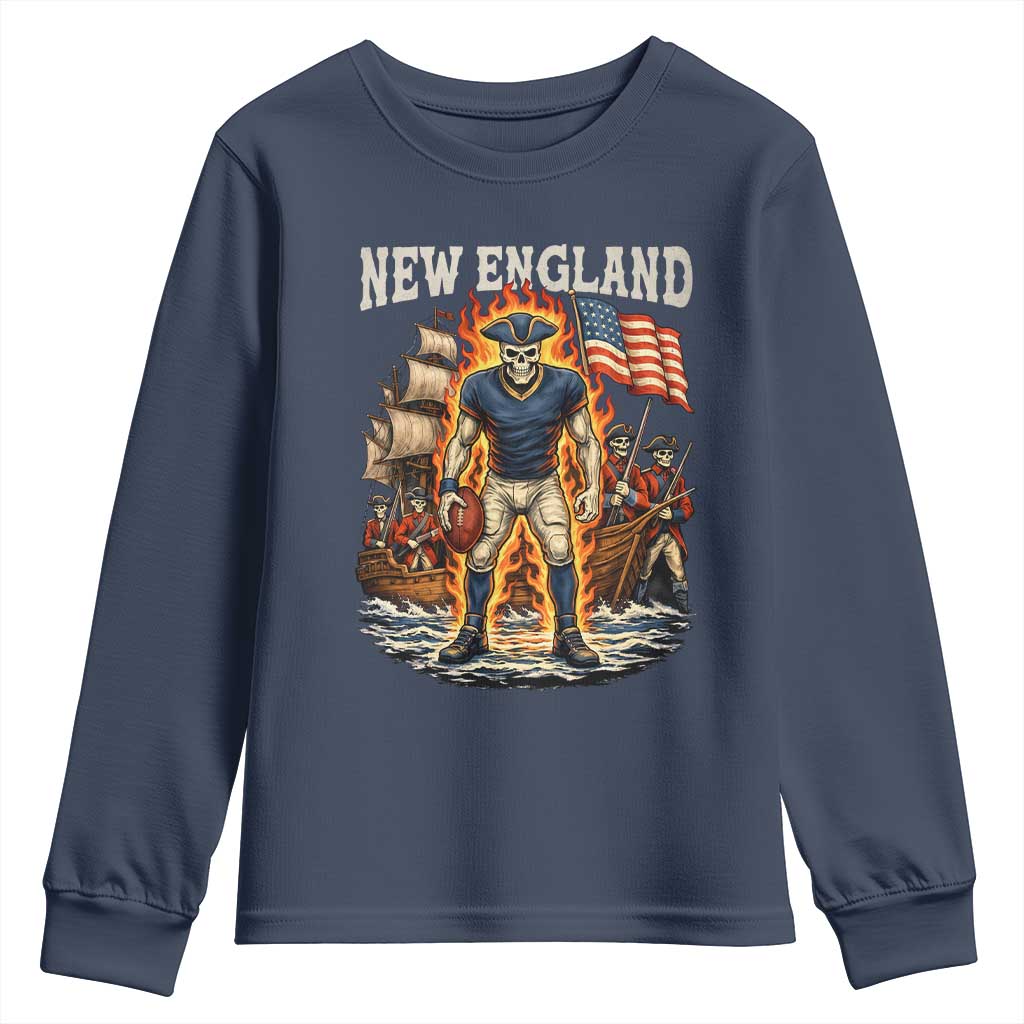 New England Fiery Skeleton Game Day Graphic Youth Sweatshirt Patriotic Revolutionary Sports Fan
