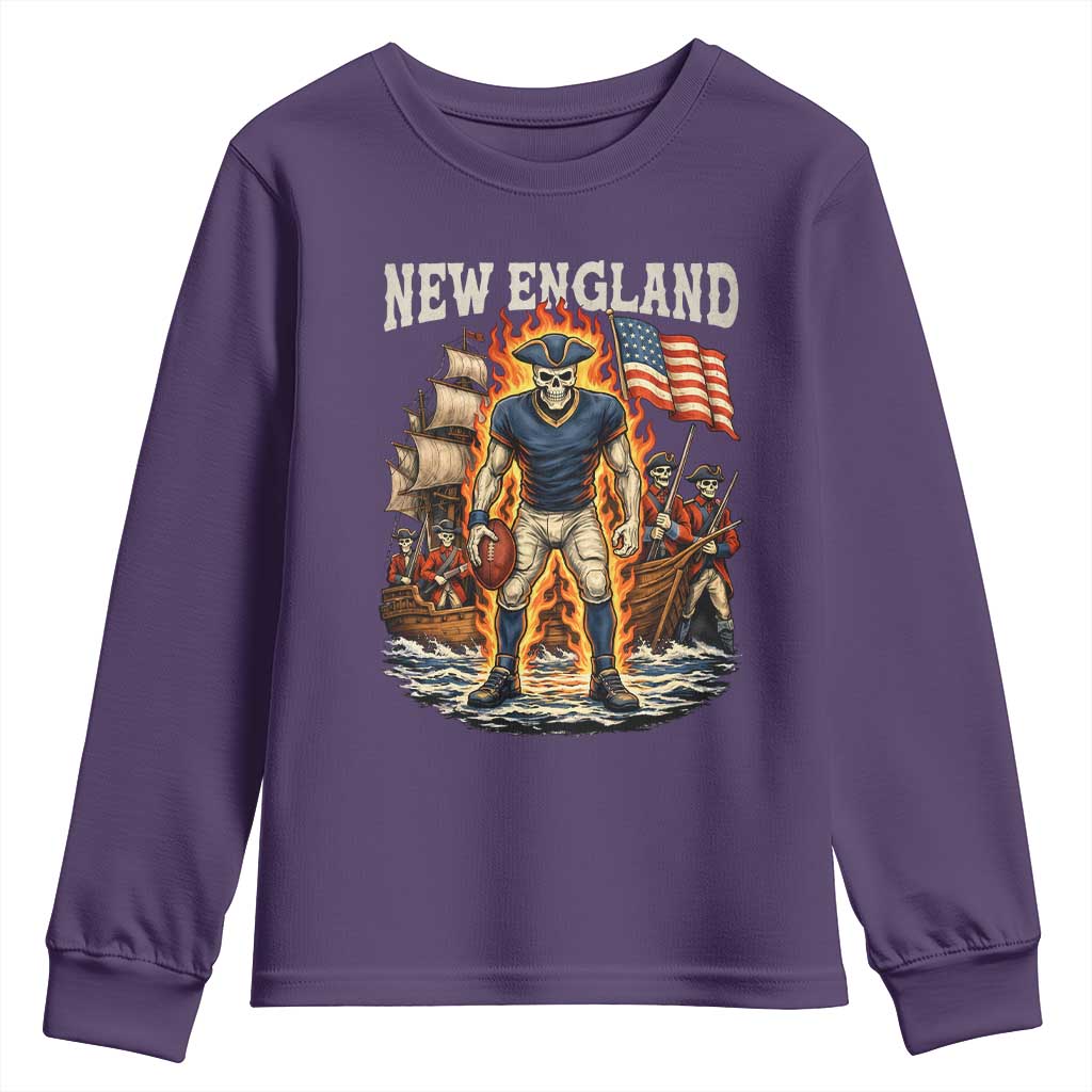 New England Fiery Skeleton Game Day Graphic Youth Sweatshirt Patriotic Revolutionary Sports Fan