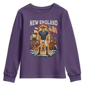 New England Fiery Skeleton Game Day Graphic Youth Sweatshirt Patriotic Revolutionary Sports Fan