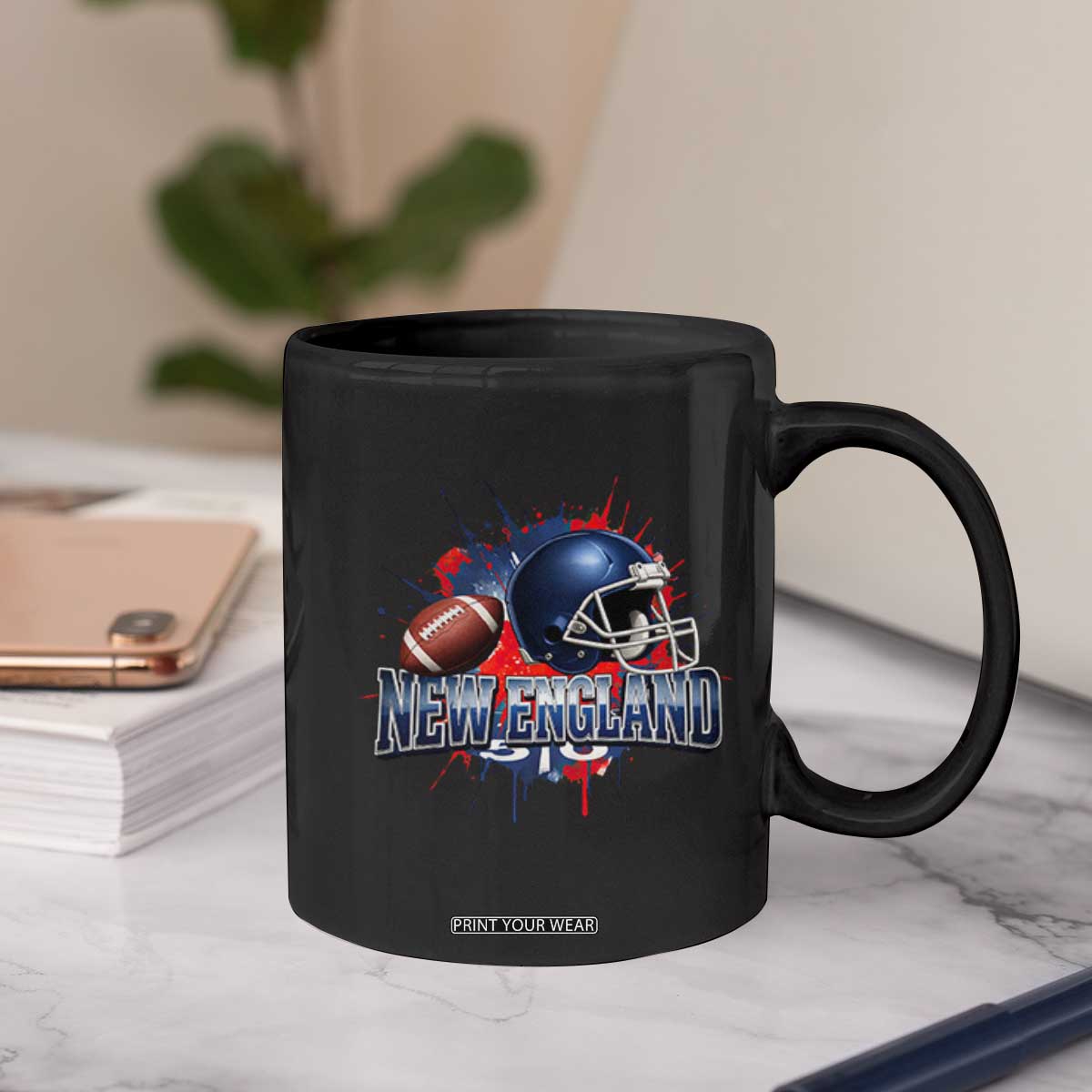 New England Athletic Helmet Graphic Paint Splatter Graphic Coffee Mug Patriotic Game Day Sports Fan