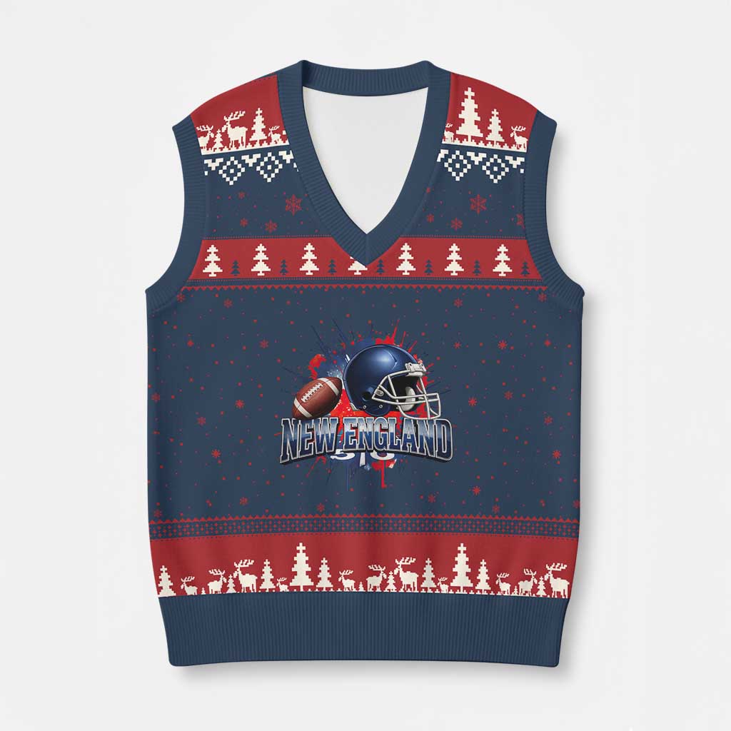 New England Athletic Helmet Graphic Paint Splatter Graphic V-Neck Knit Sweater Vest Patriotic Game Day Sports Fan TS02 Navy Red Print Your Wear