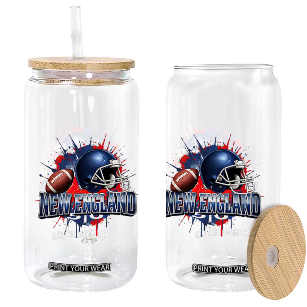 New England Athletic Helmet Graphic Paint Splatter Graphic Glass Can Patriotic Game Day Sports Fan