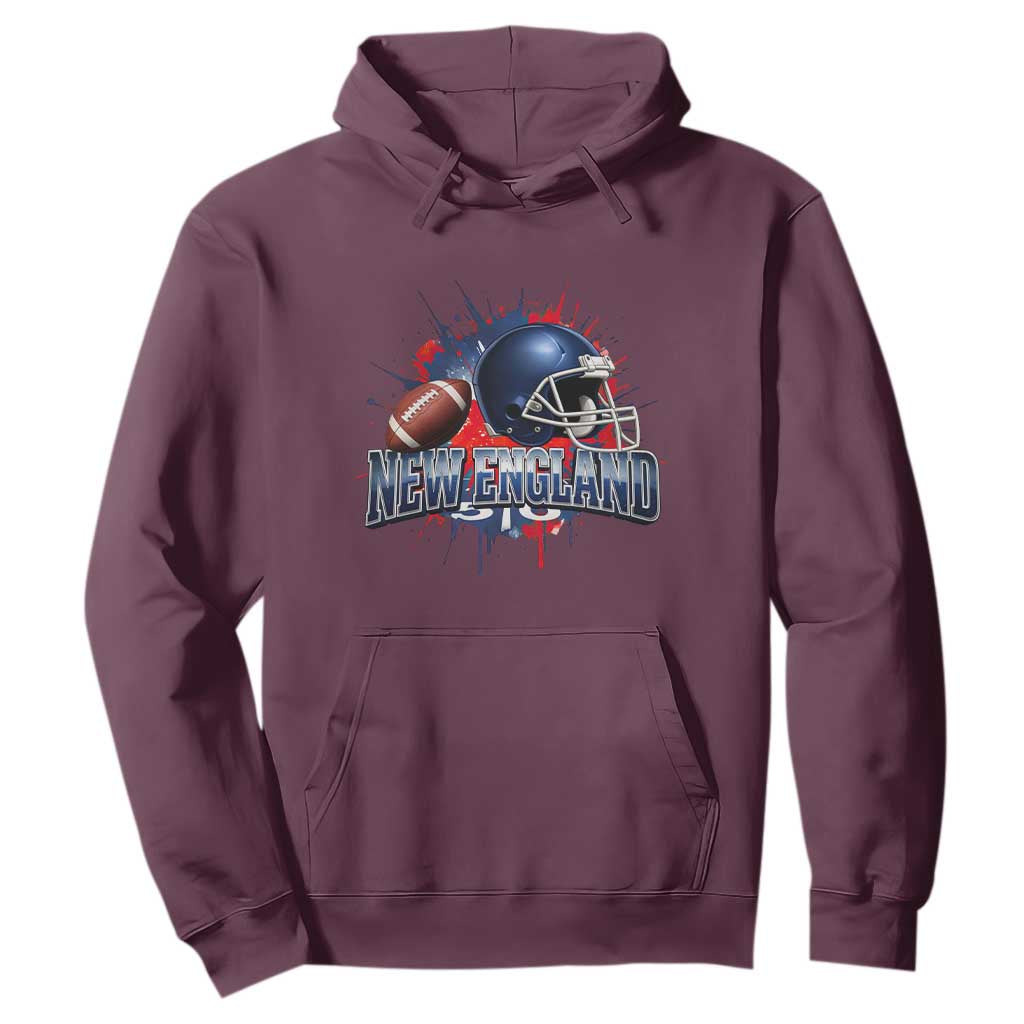 New England Athletic Helmet Graphic Paint Splatter Graphic Hoodie Patriotic Game Day Sports Fan