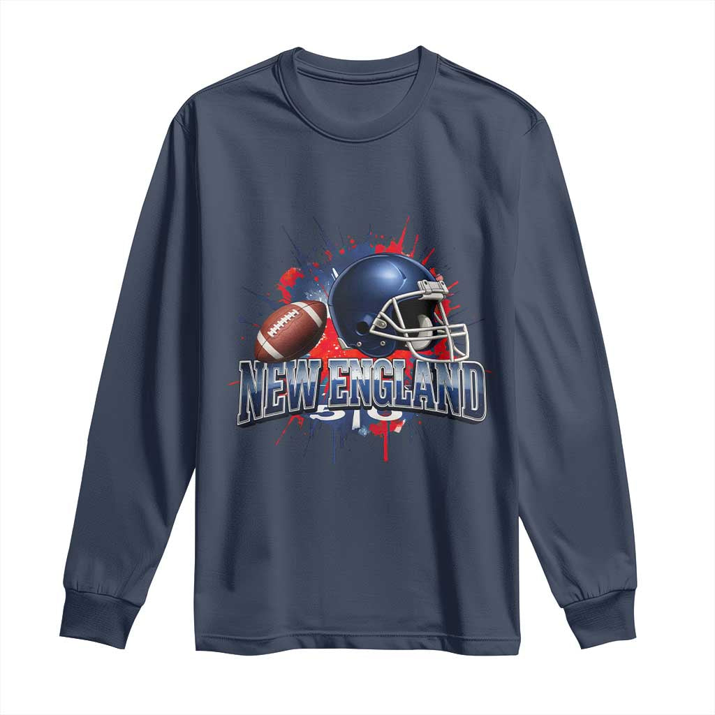 New England Athletic Helmet Graphic Paint Splatter Graphic Long Sleeve Shirt Patriotic Game Day Sports Fan