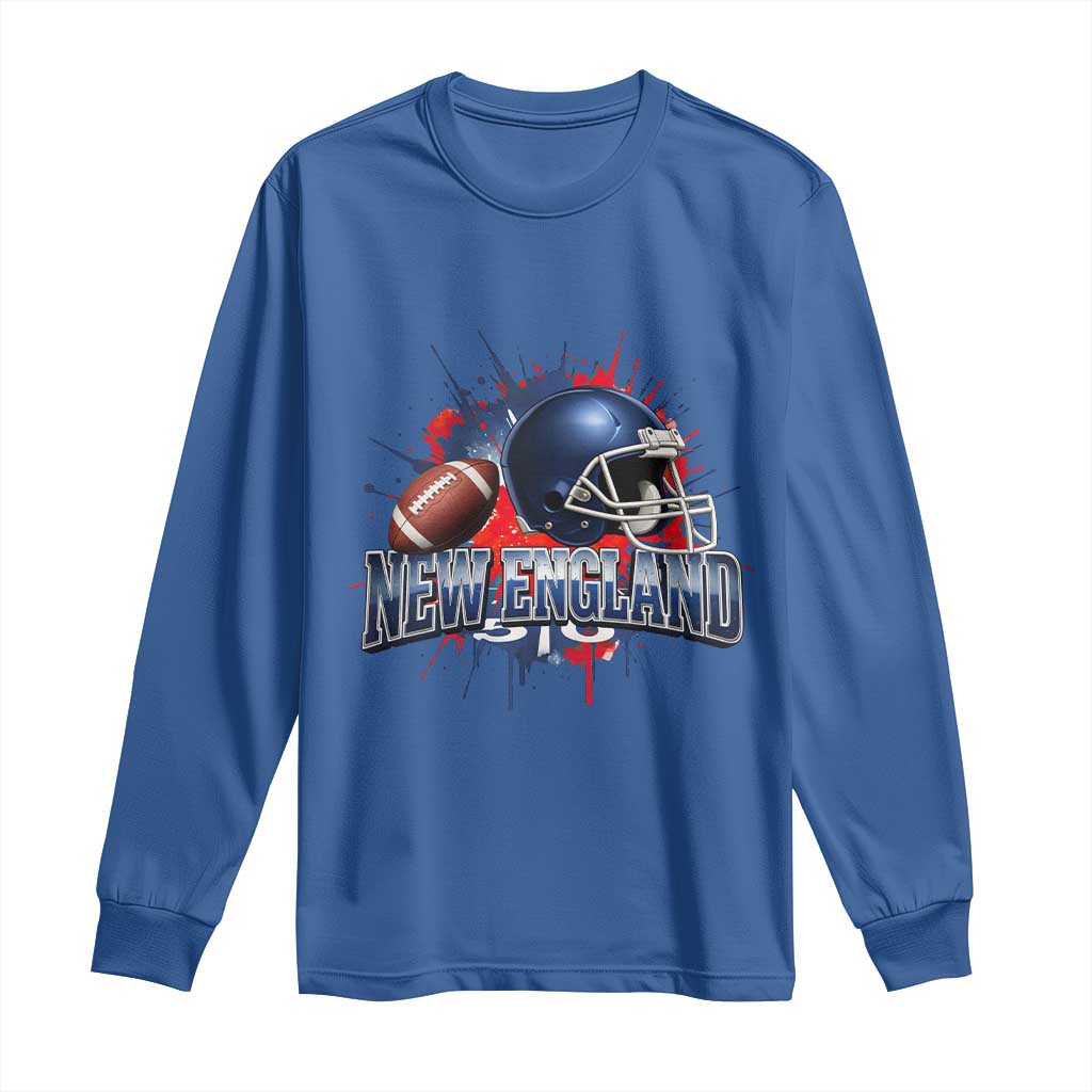 New England Athletic Helmet Graphic Paint Splatter Graphic Long Sleeve Shirt Patriotic Game Day Sports Fan