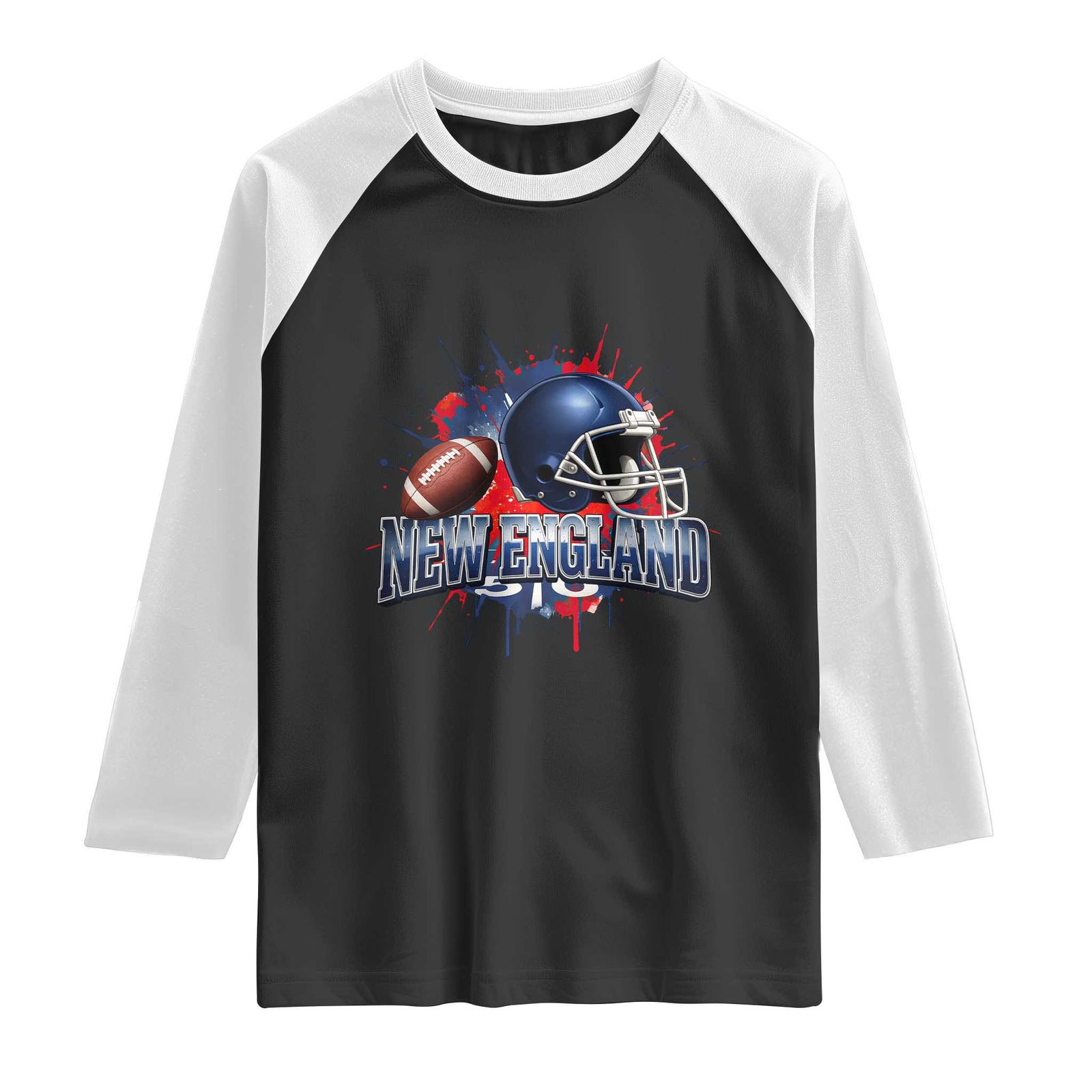 New England Athletic Helmet Graphic Paint Splatter Graphic Raglan Shirt Patriotic Game Day Sports Fan TS02 Black White Print Your Wear