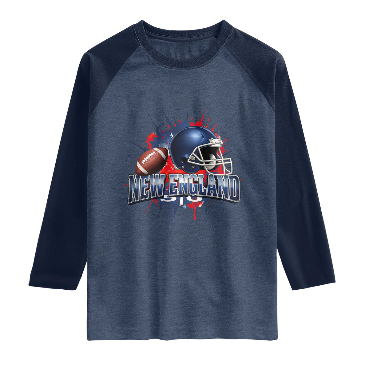 New England Athletic Helmet Graphic Paint Splatter Graphic Raglan Shirt Patriotic Game Day Sports Fan