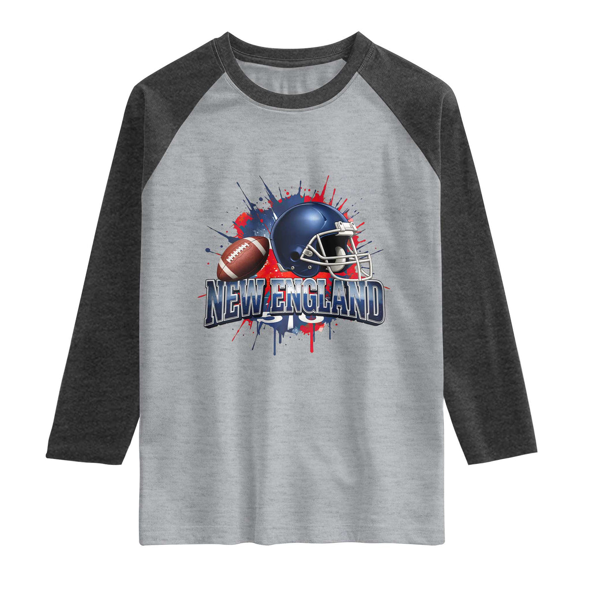 New England Athletic Helmet Graphic Paint Splatter Graphic Raglan Shirt Patriotic Game Day Sports Fan
