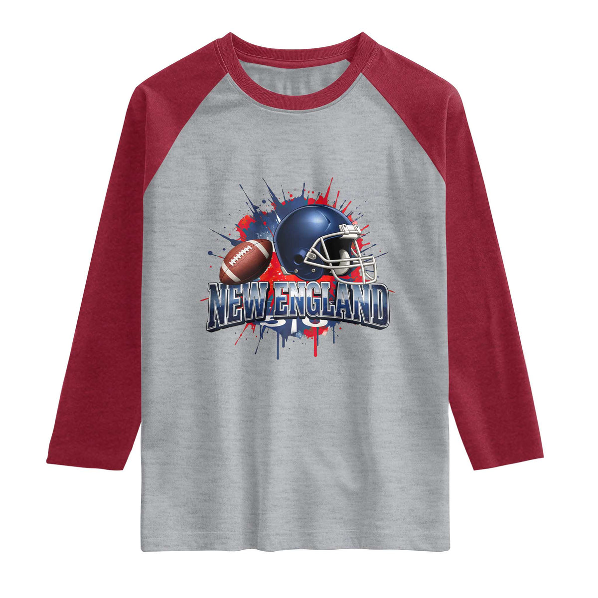 New England Athletic Helmet Graphic Paint Splatter Graphic Raglan Shirt Patriotic Game Day Sports Fan