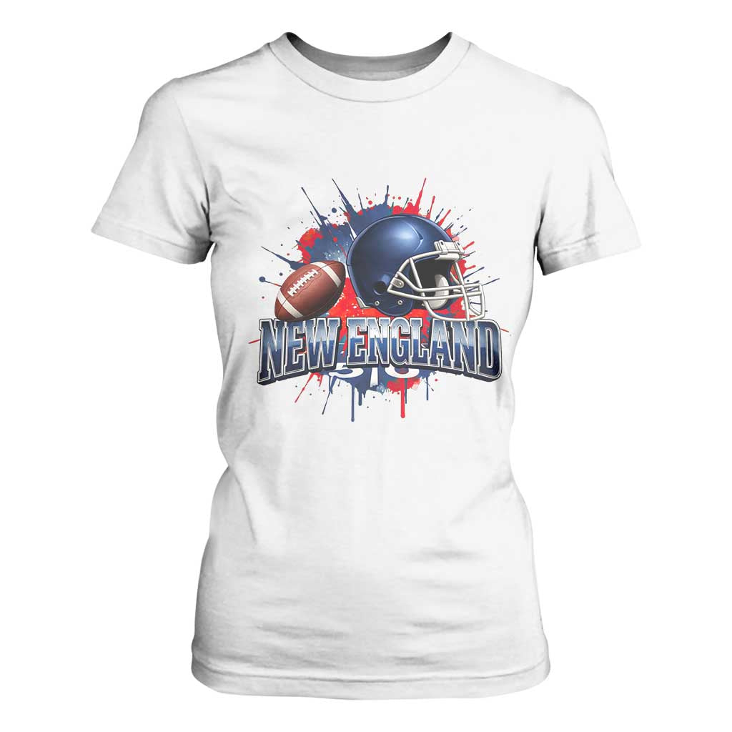New England Athletic Helmet Graphic Paint Splatter Graphic T Shirt For Women Patriotic Game Day Sports Fan