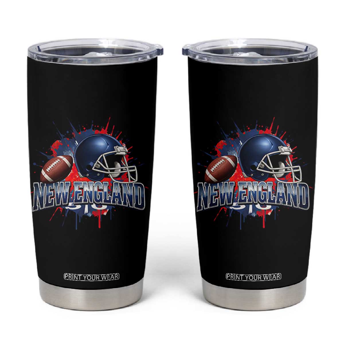 New England Athletic Helmet Graphic Paint Splatter Graphic Tumbler Cup Patriotic Game Day Sports Fan