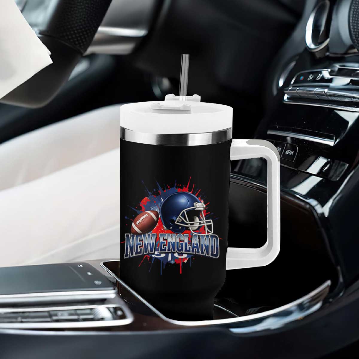 New England Athletic Helmet Graphic Paint Splatter Graphic Tumbler With Handle Patriotic Game Day Sports Fan