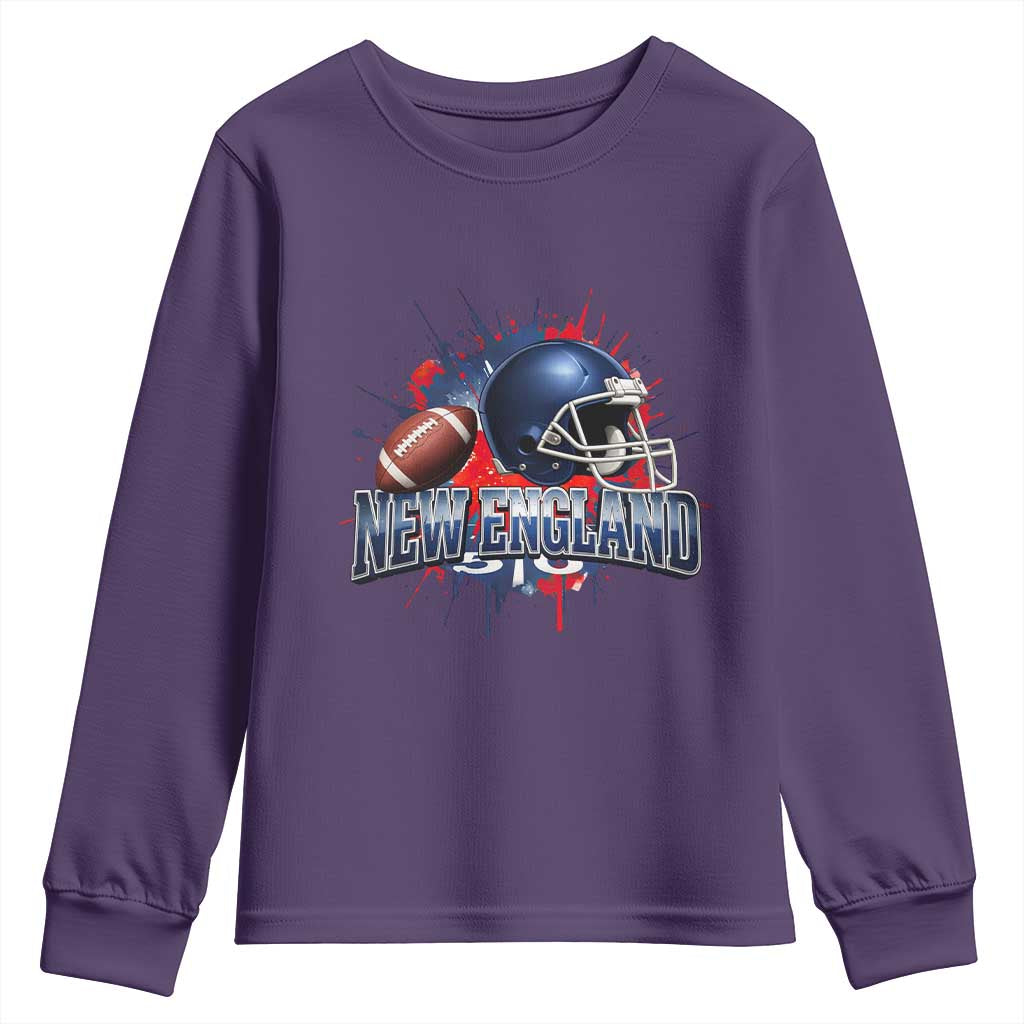New England Athletic Helmet Graphic Paint Splatter Graphic Youth Sweatshirt Patriotic Game Day Sports Fan
