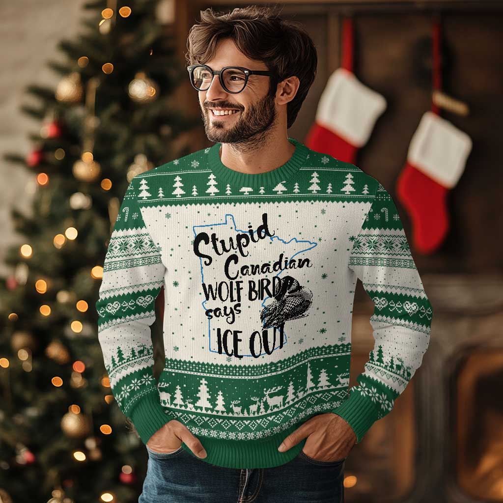 Stupid Canadian Wolf Bird Says Ice Out Ugly Christmas Sweater Funny Activist Loon Minnesota Rebel TS02 Beige Green Print Your Wear