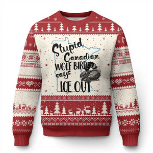 Stupid Canadian Wolf Bird Says Ice Out Ugly Christmas Sweater Funny Activist Loon Minnesota Rebel TS02 Beige Red Print Your Wear