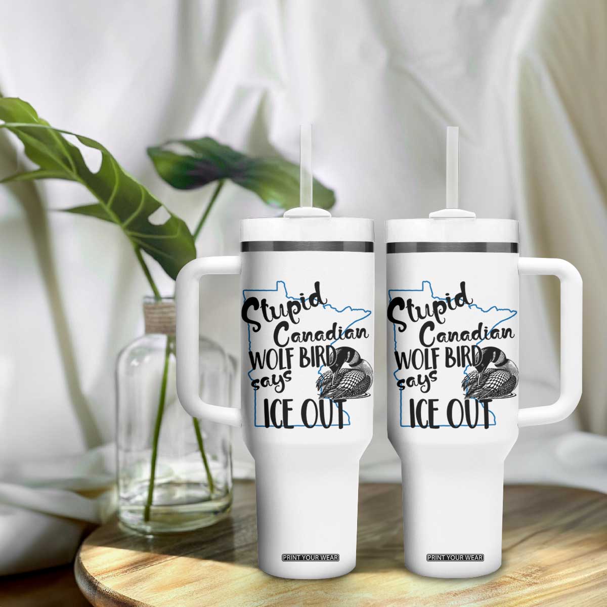 Stupid Canadian Wolf Bird Says Ice Out Tumbler With Handle Funny Activist Loon Minnesota Rebel TS02 Print Your Wear