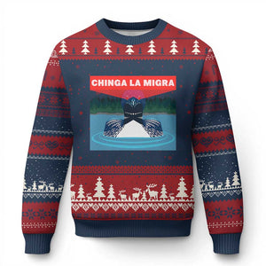 Chinga La Migra Red Eye Laser Loon Ugly Christmas Sweater Political Resist Ice Minnesota Protest TS02 Navy Red Print Your Wear
