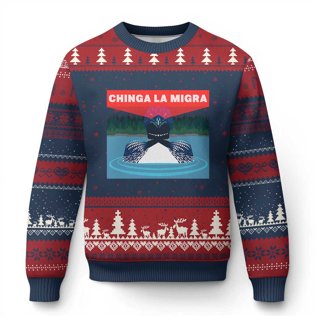 Chinga La Migra Red Eye Laser Loon Ugly Christmas Sweater Political Resist Ice Minnesota Protest TS02 Navy Red Print Your Wear