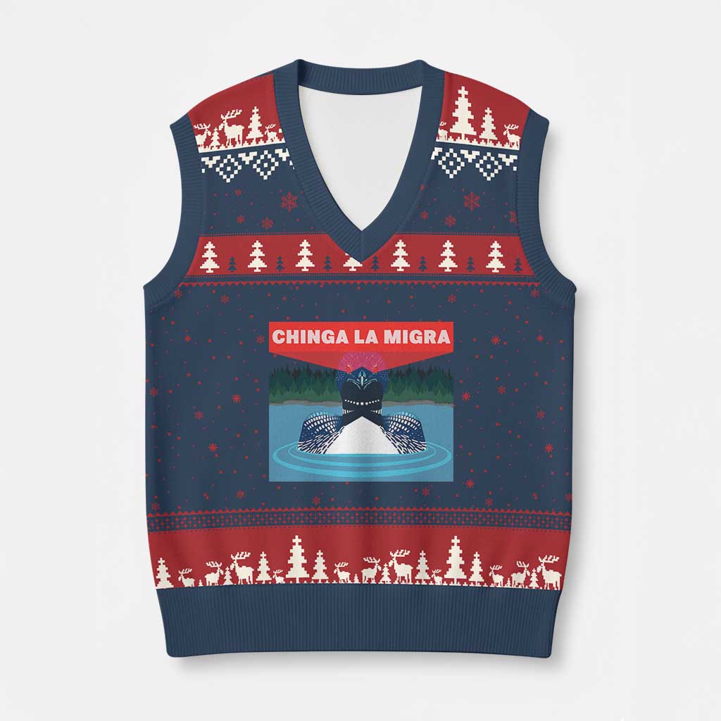 Chinga La Migra Red Eye Laser Loon V-Neck Knit Sweater Vest Political Resist Ice Minnesota Protest TS02 Navy Red Print Your Wear
