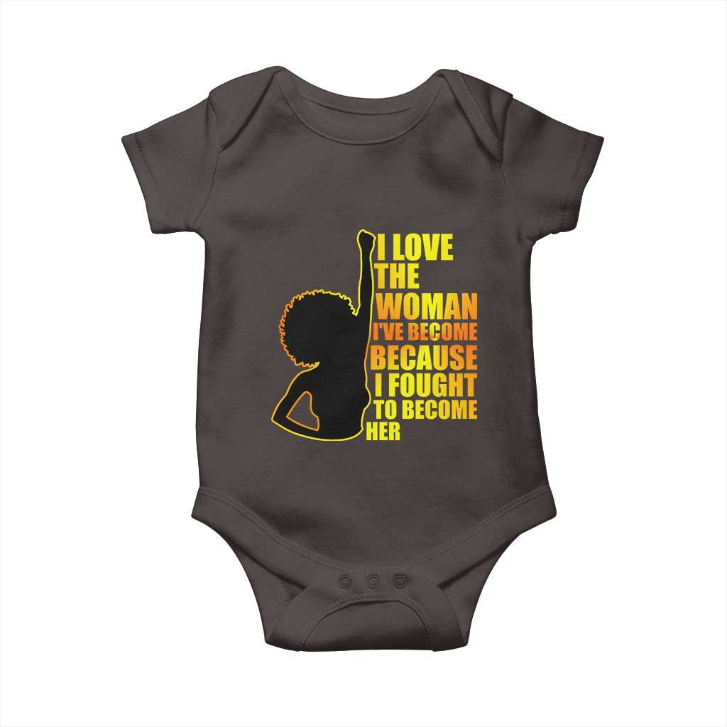Afro Black Pride Baby Onesie I Love The Woman I've Become Melanin Silhouette TS02 Dark Chocolate Print Your Wear