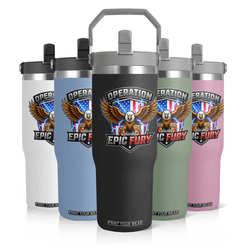 Operation Epic Fury Patriotic Bald Eagle Flip Straw Tumbler American Flag Shield Graphic Freedom Pride TS02 Print Your Wear