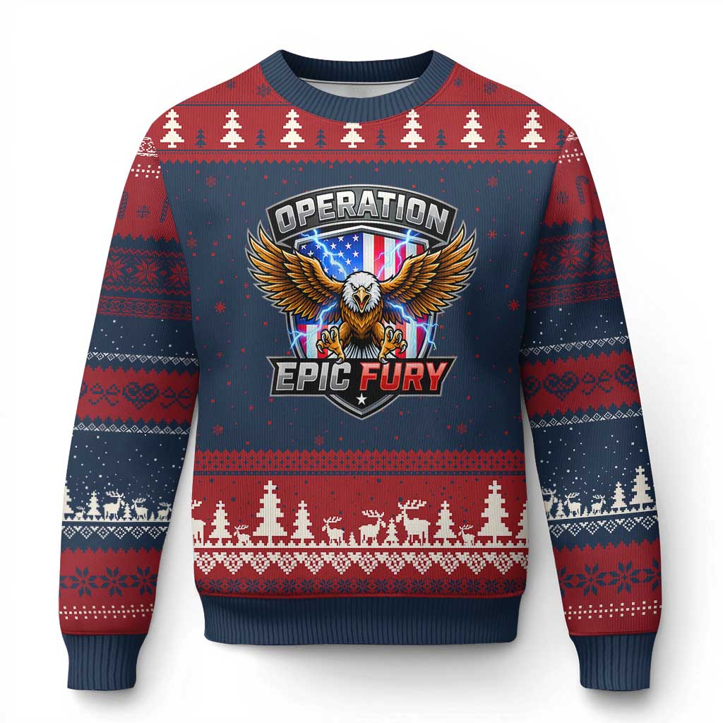Operation Epic Fury Patriotic Bald Eagle Ugly Christmas Sweater American Flag Shield Graphic Freedom Pride TS02 Navy Red Print Your Wear