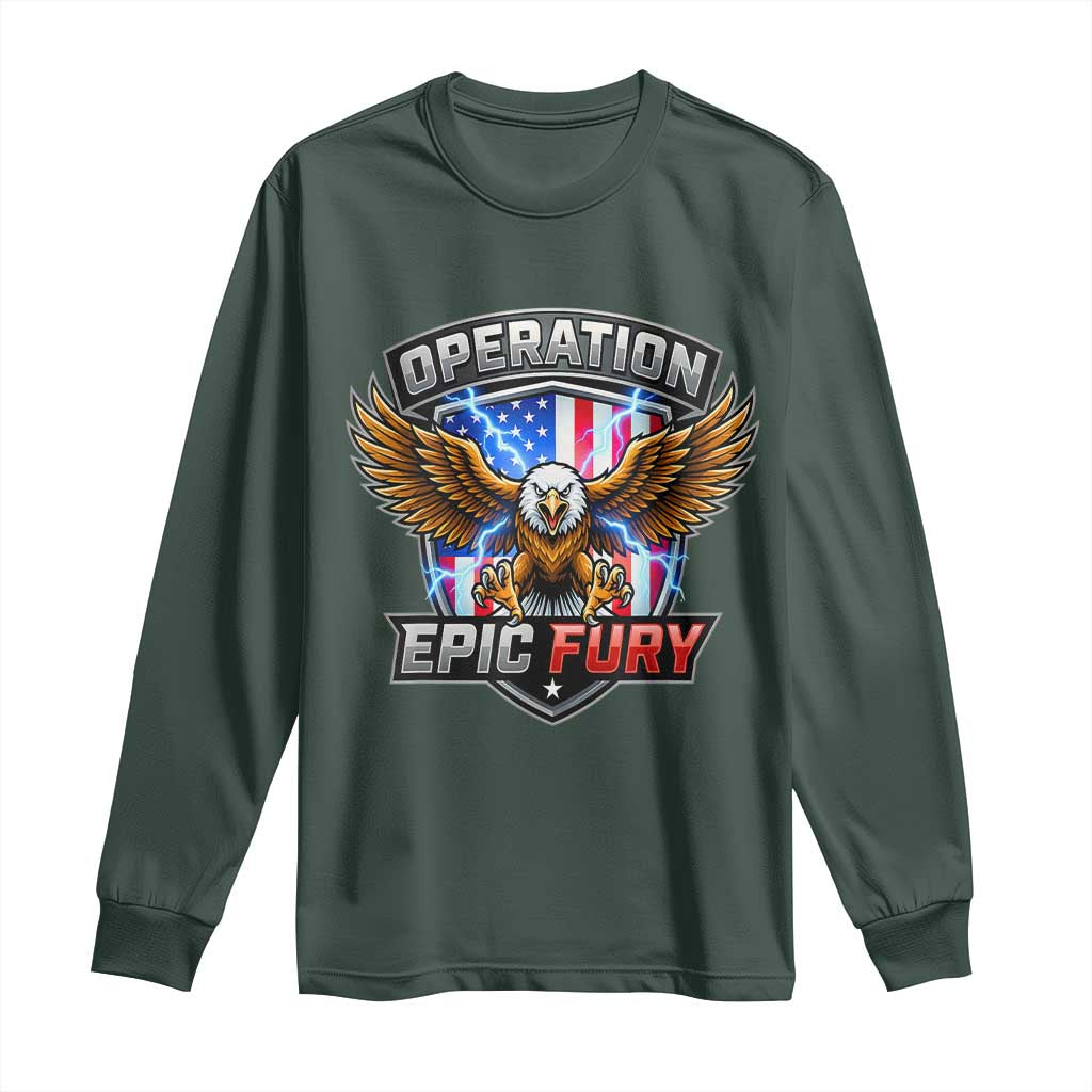 Operation Epic Fury Patriotic Bald Eagle Long Sleeve Shirt American Flag Shield Graphic Freedom Pride TS02 Dark Forest Green Print Your Wear