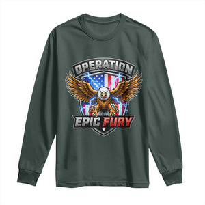 Operation Epic Fury Patriotic Bald Eagle Long Sleeve Shirt American Flag Shield Graphic Freedom Pride TS02 Dark Forest Green Print Your Wear