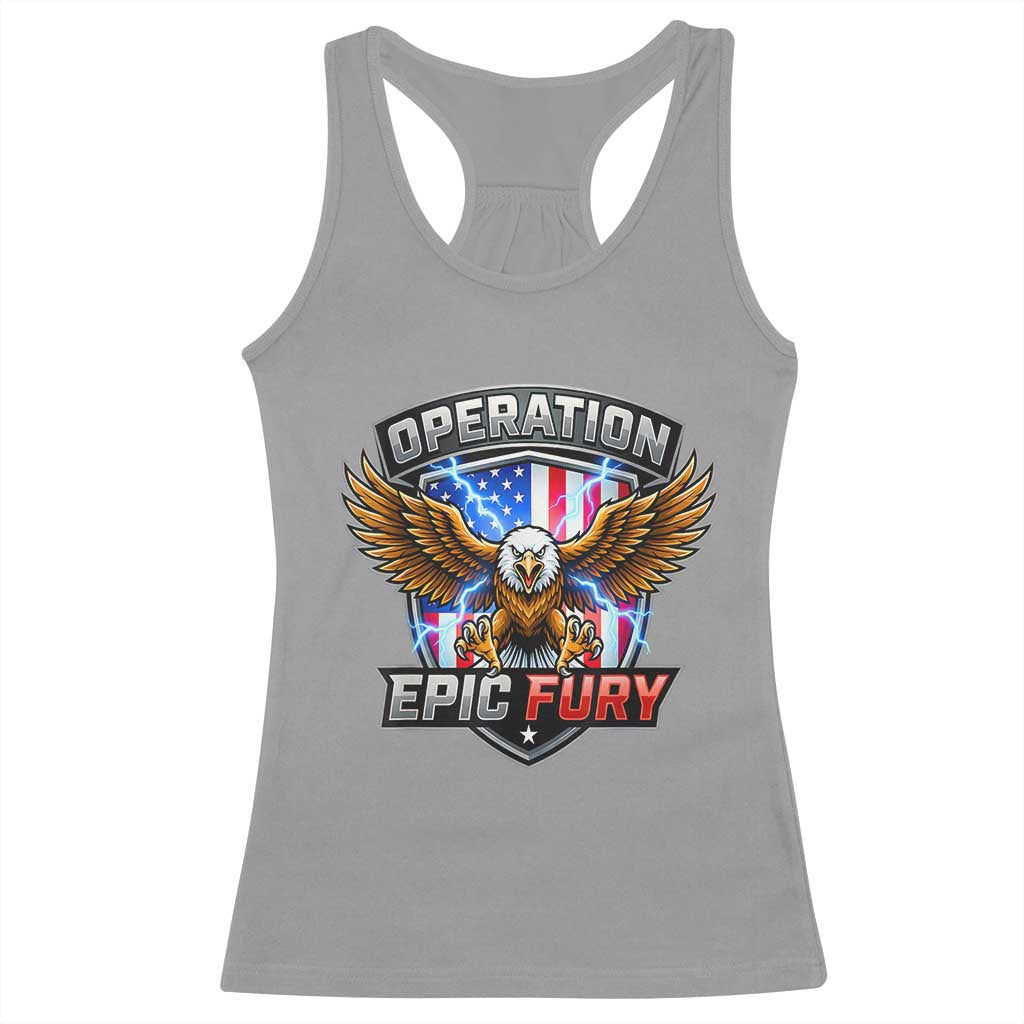 Operation Epic Fury Patriotic Bald Eagle Racerback Tank Top American Flag Shield Graphic Freedom Pride TS02 Sport Gray Print Your Wear