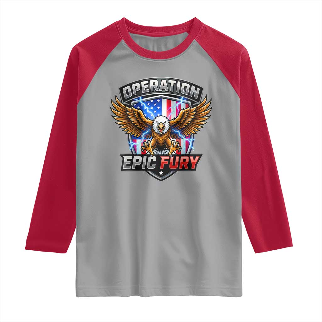 Operation Epic Fury Patriotic Bald Eagle Raglan Shirt American Flag Shield Graphic Freedom Pride TS02 Sport Gray Red Print Your Wear