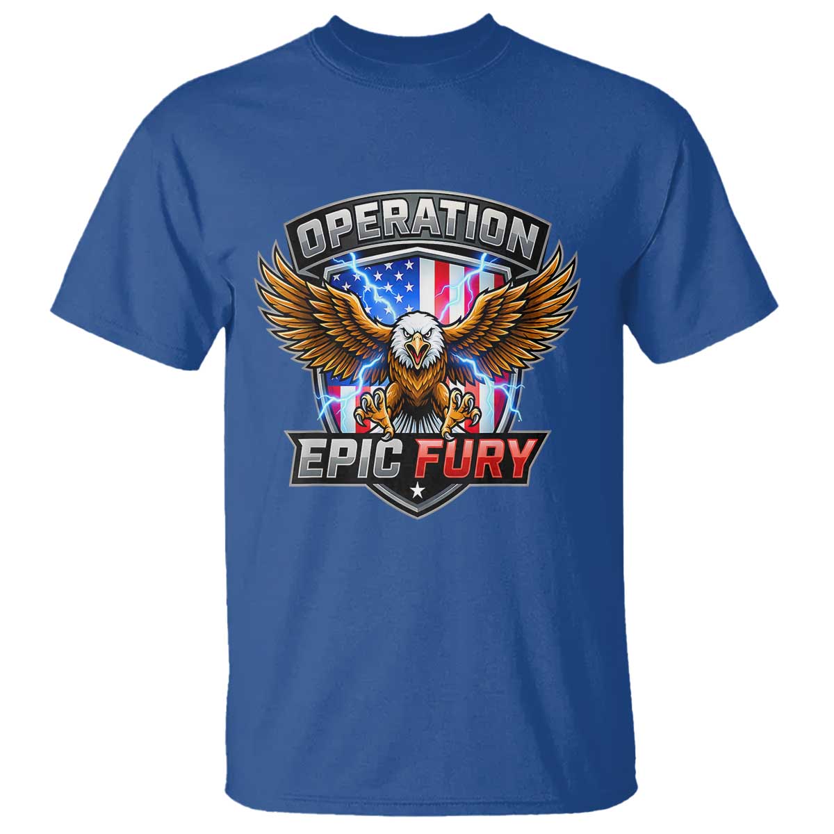 Operation Epic Fury Patriotic Bald Eagle T Shirt American Flag Shield Graphic Freedom Pride TS02 Royal Blue Print Your Wear