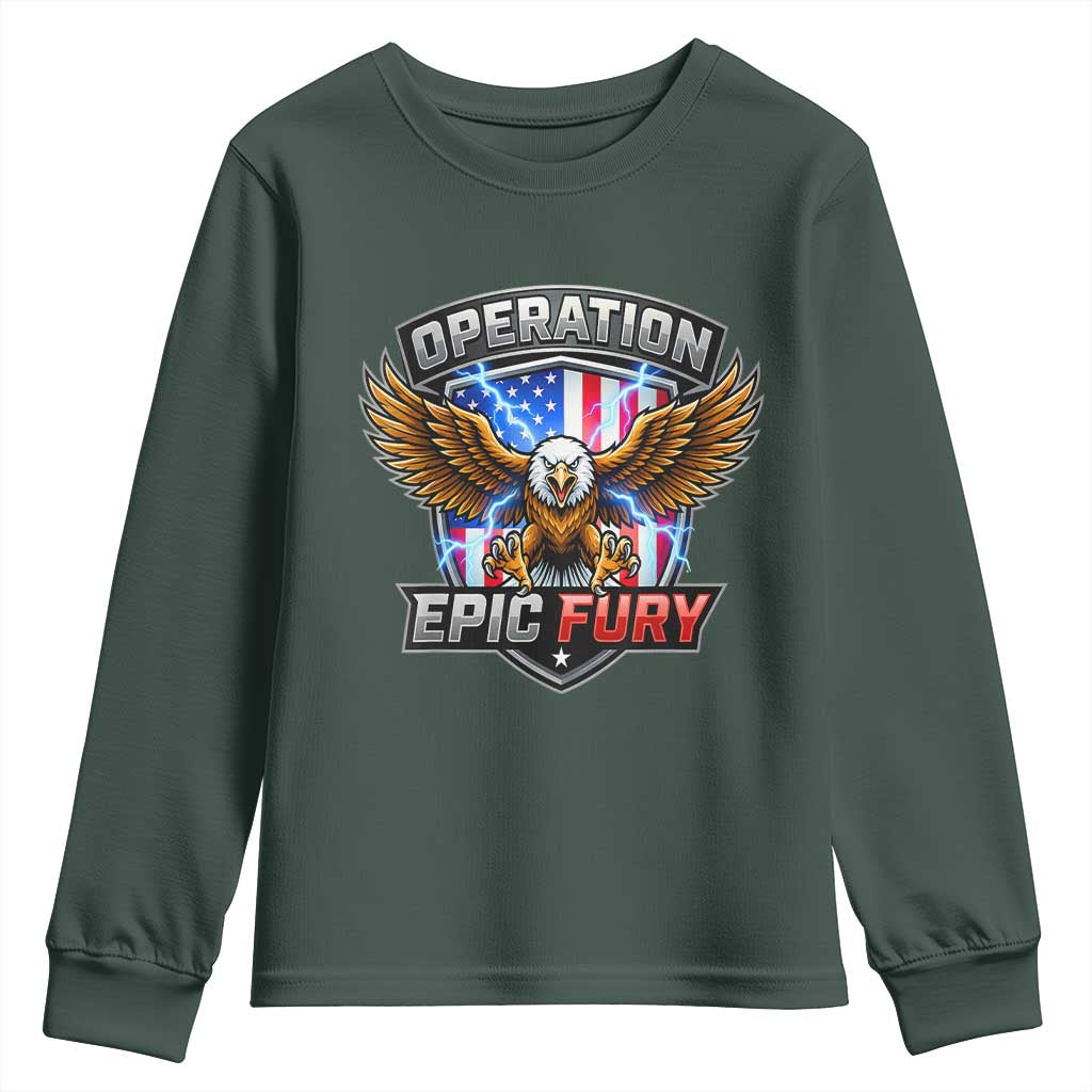 Operation Epic Fury Patriotic Bald Eagle Youth Sweatshirt American Flag Shield Graphic Freedom Pride TS02 Dark Forest Green Print Your Wear