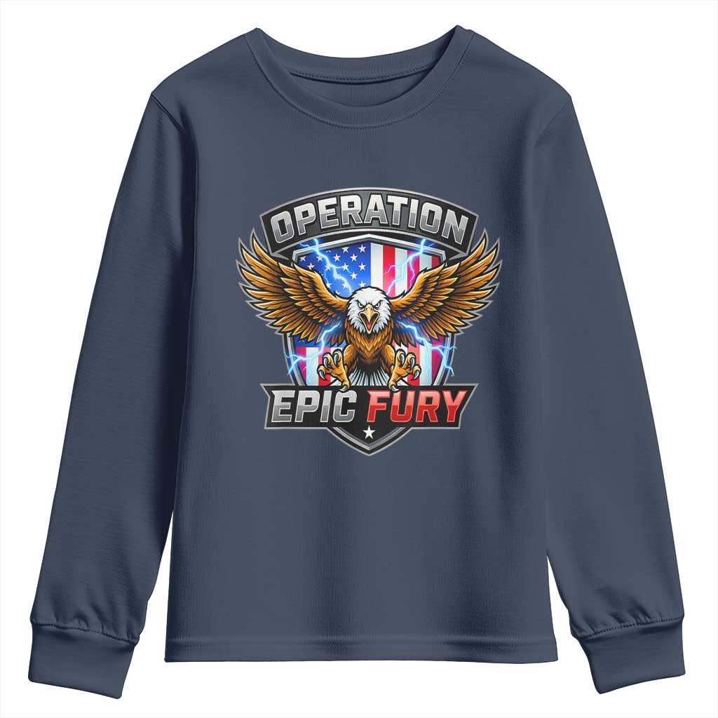 Operation Epic Fury Patriotic Bald Eagle Youth Sweatshirt American Flag Shield Graphic Freedom Pride TS02 Navy Print Your Wear