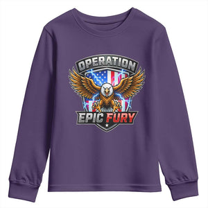 Operation Epic Fury Patriotic Bald Eagle Youth Sweatshirt American Flag Shield Graphic Freedom Pride TS02 Purple Print Your Wear