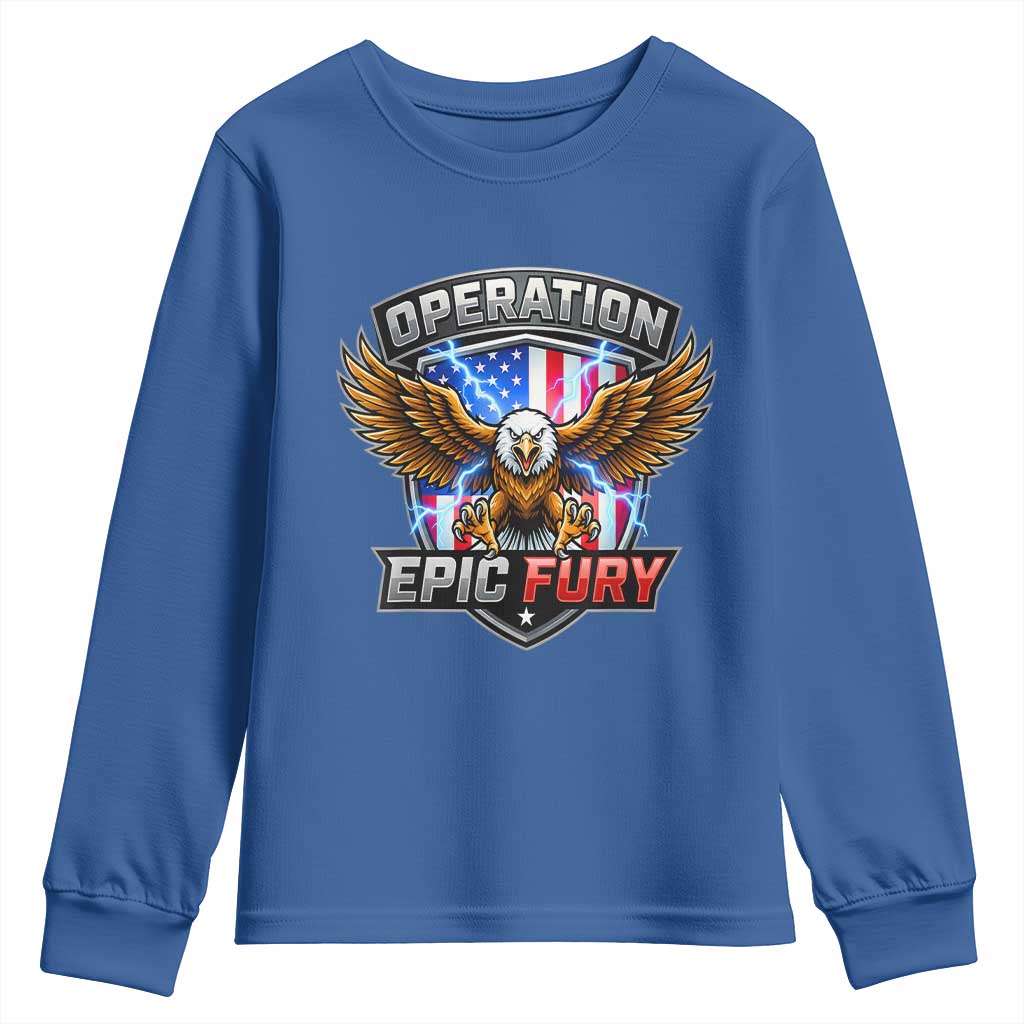 Operation Epic Fury Patriotic Bald Eagle Youth Sweatshirt American Flag Shield Graphic Freedom Pride TS02 Royal Blue Print Your Wear